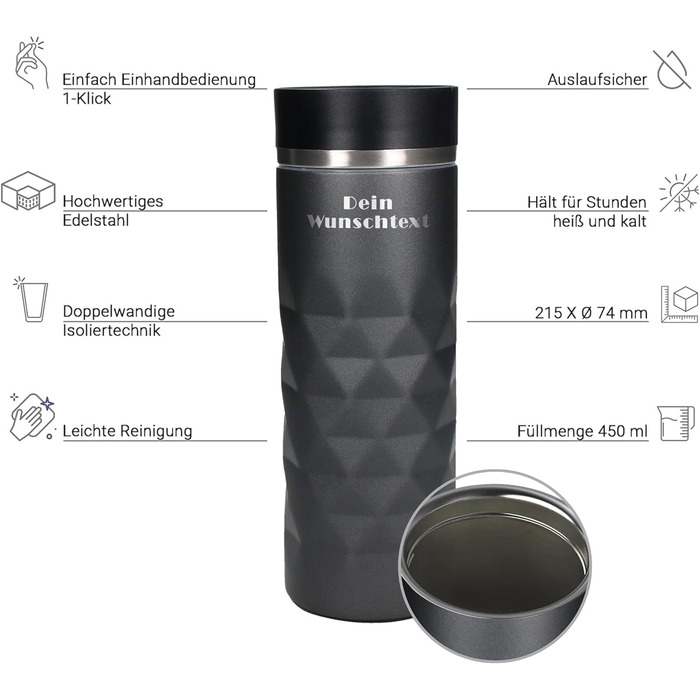 Термокружка Elasto з нержавіючої сталі, 450 мл, з індивідуальною гравіюванням, витримує протікання, термоізольована (Сірий шифер)