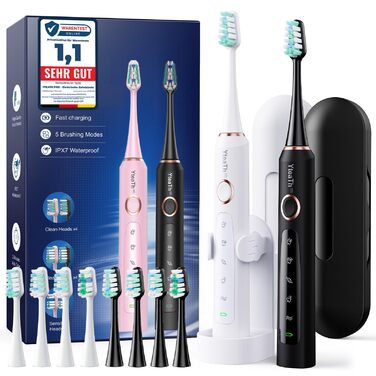 Електрична зубна щітка для дорослих та дітей - звукова, 8 насадок (3 типи), 90 днів роботи, 5 режимів, 50000 VPM, кейс для подорожей, таймер (Чорний + Білий)