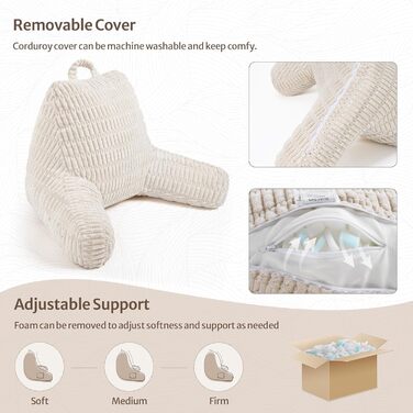 М'яке крісло-лежак Blissful Diary для дорослих та дітей, з memory foam, для ліжка та дивану, з підлокітниками, кишенею та знімним чохлом, кремовий