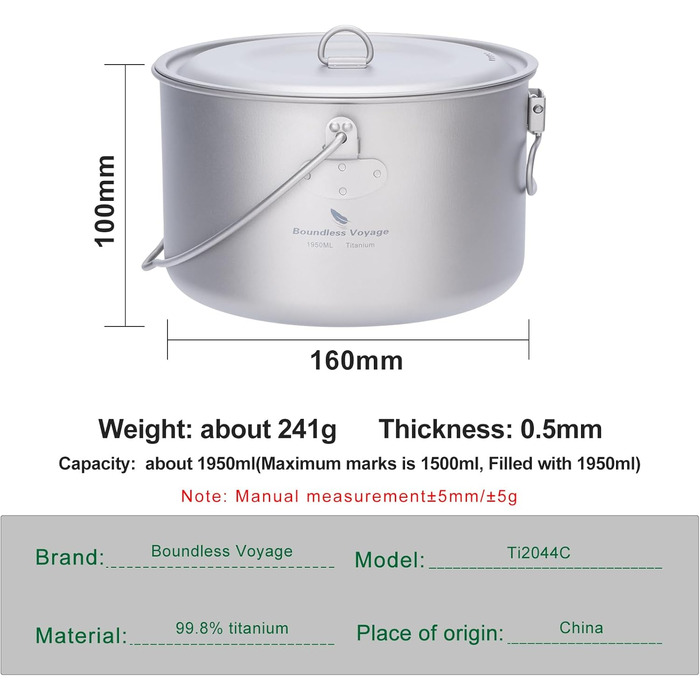 iBasingo 2.9L Титановий похідний казанок Titan з великою ємністю, туристична посудина для приготування їжі, легкий набір для кемпінгу, посуд для приготування їжі з складною ручкою, кухонні аксесуари для 1-3 осіб Ti2045C