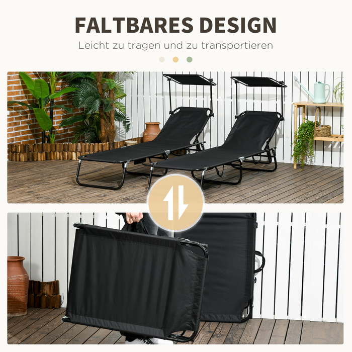 Набір з 2 сонячних лежаків, розкладні садові лежаки з сонцезахисним навісом, спинка з 5 рівнями регулювання висоти, чорного кольору