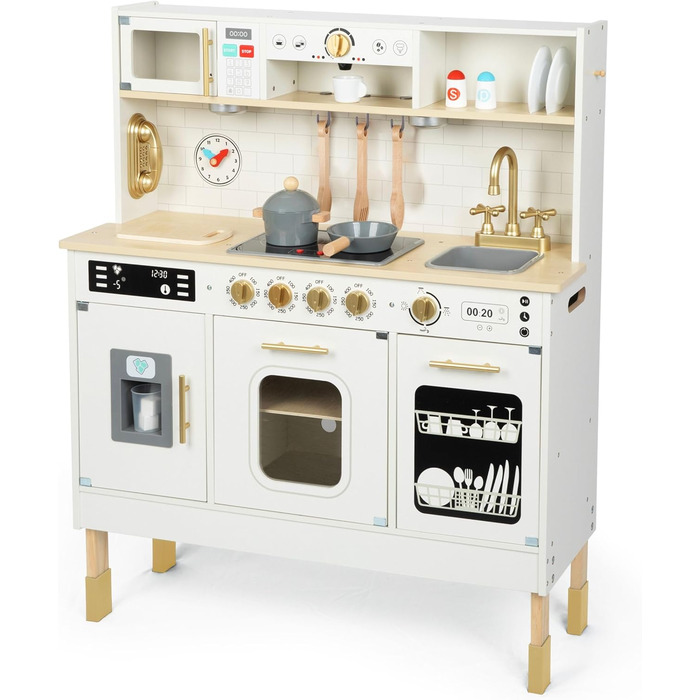 Дерев'яна дитяча кухня Mamabrum з LED-підсвічуванням - ігровий набір кухонь з регульованою висотою, з приготуванням кубиків льоду, мікрохвильовою піччю, плитою та посудомийною машиною. Іграшка для дітей від 3 років