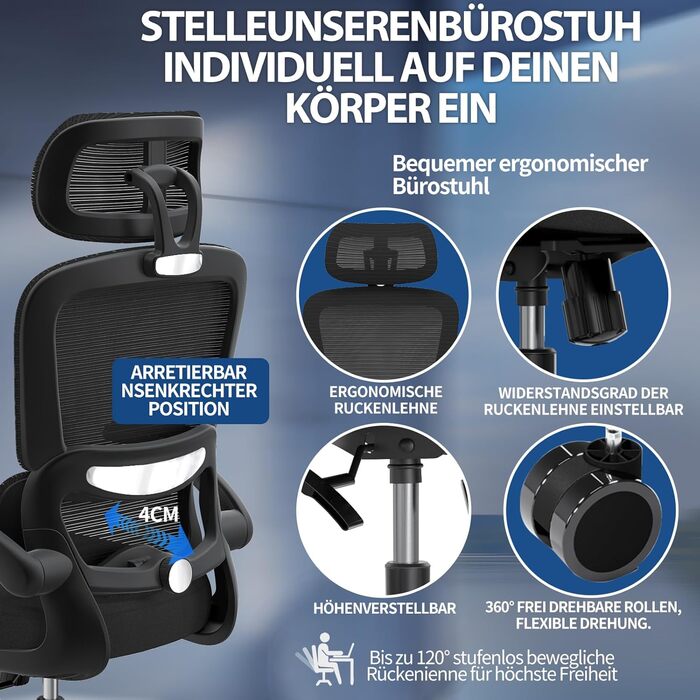 Ергономічне крісло TRALT для офісу з регульованою поперековою підтримкою та підголівником. Ігрове крісло, офісне крісло для дому та офісу. Максимальне навантаження 150 кг, чорний колір.
