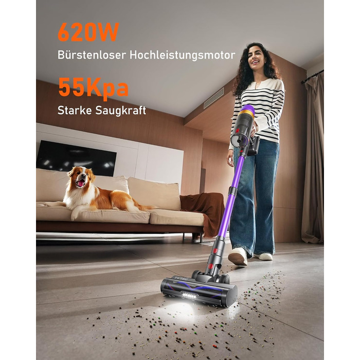Акумуляторний пилосос бездротовий для шерсті тварин, 1.8л з дисплеєм, 55000Па/620Вт/75хв, вертикальний з анти-заплутувальною щіткою та док-станцією для килимів/твердих підлог/авто, фіолетовий
