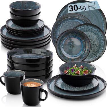 Набір посуду SÄNGER Manila на 6 осіб (30 предметів) | Керамічний сервіз, блакитний з чорним обідком