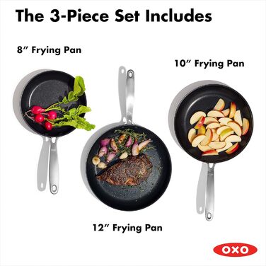 Набір сковорідок OXO Enhanced 3 шт. (8', 10', 12') з керамічним антипригарним покриттям, не містить PFAS, нержавіюча сталь, для плити та духовки