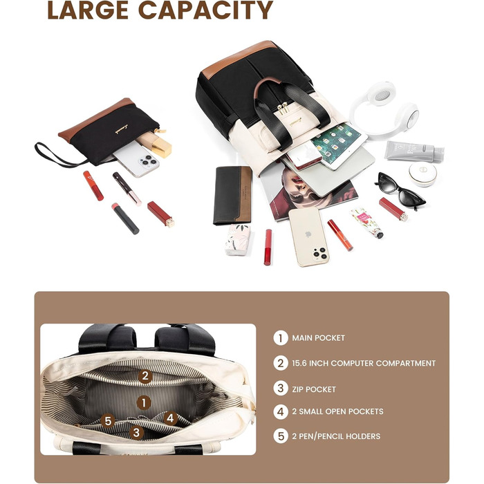 Жіночий рюкзак LOVEVOOK: компактний, водонепроникний, для ноутбука 15.6 дюймів, у стилях beige, black, brown