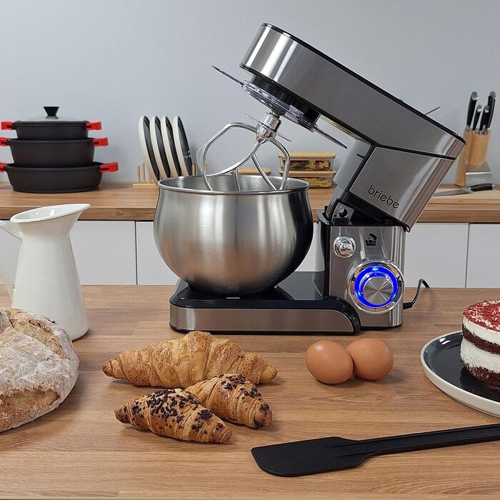 Професійна кухонна машина для замішування тіста Briebe KM1114, 1800W, 5л, 6 швидкостей, збірна чаша, міксер, гак для тіста, венчик