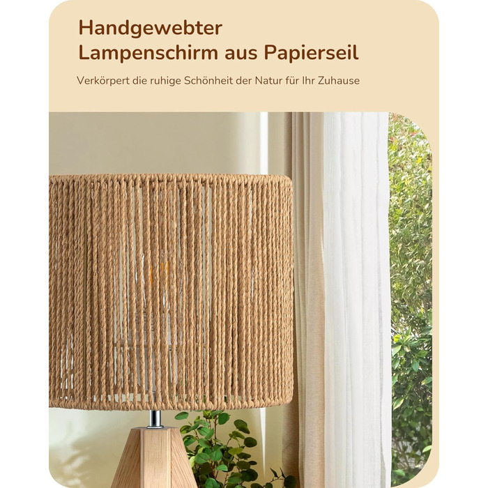 LED настільна лампа EDISHINE з абажуром з ручної роботи та дерев'яною підставкою, тепле світло 2700K, бохо-стиль для спальні, вітальні та готелю, з лампочкою E27 4W, паперовий шнур