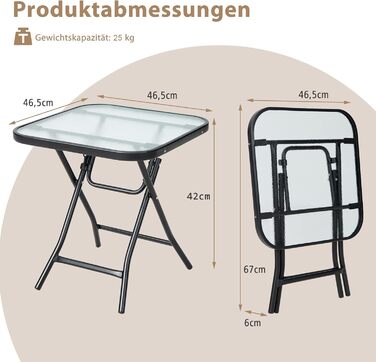 Складаний журнальний столик COSTWAY, стійкий до погодних умов, скляна стільниця, 46,5x46,5x42 см для балкона/саду/тераси