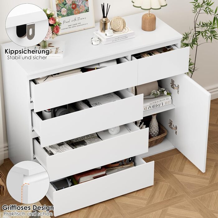 FOREHILL Комод білий з 5 шухлядами та 1 дверцятами, 100x40x80 см. Комод для спальні, вітальні, кабінету, передпокою