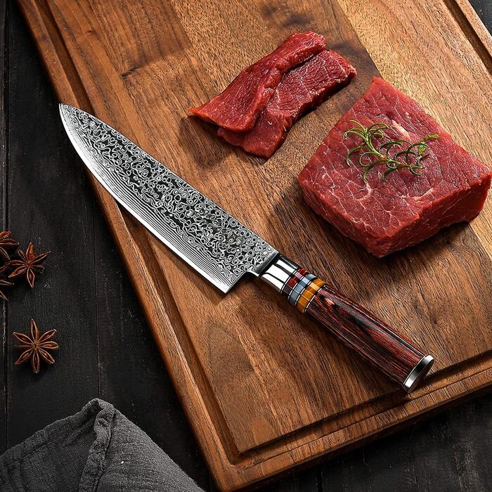 Японський кухонний ніж FANTECK Gyuto з дамаської сталі 20 см (67 шарів VG-10) з дерев'яною ручкою, професійний ніж для кухні, подарункова коробка