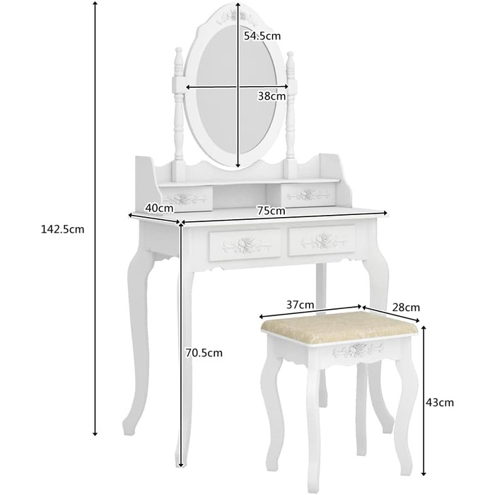 Туалетний столик з табуретом LEADZM, дзеркало 360, 4 ящики, 142,5x75x40 см, білий