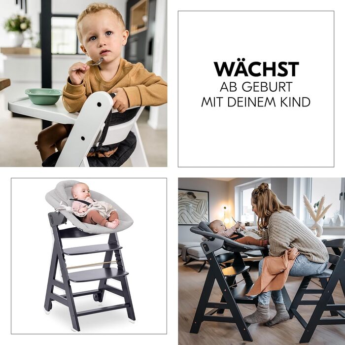 Високий стільчик для годування Hauck Beta+ Newborn Set Premium Dark Grey - комплект для новонароджених, з підставкою для ніг, м'яким сидінням та підносом - сірий колір