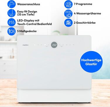 MINI посудомийна машина MEDION DWT51 біла (5 комплектів, з сенсорним керуванням, функція відра, 7 програм, таймер, MD 37766)