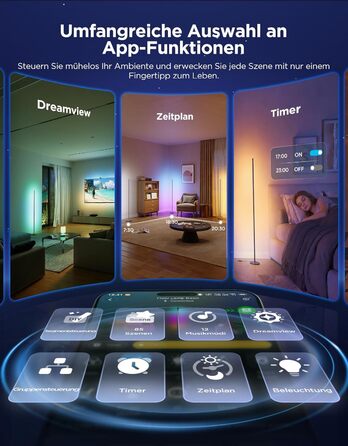 Govee RGBIC LED Торшер WiFi, Димування, Alexa/Matter, 16 млн кольорів, 85 режимів, Музичний режим, DIY, Чорний