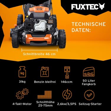 Бензиновий газонокосарка FUXTEC FX-RM4346 4-в-1 з приводом на задні колеса, ширина косіння 42 см, 46 см об'єм двигуна, 40л травоспікач