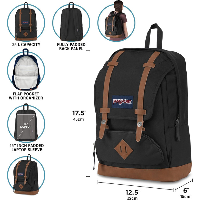 Великий рюкзак JanSport CORTLANDT, відділення для ноутбука 15 футів, чорний, один розмір