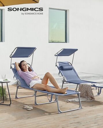 Лежак для відпочинку SONGMICS, розкладний, 193 x 53 x 29 см, до 150 кг, з підголовником, регульована спинка, для саду, басейну, тераси (Блакитний)