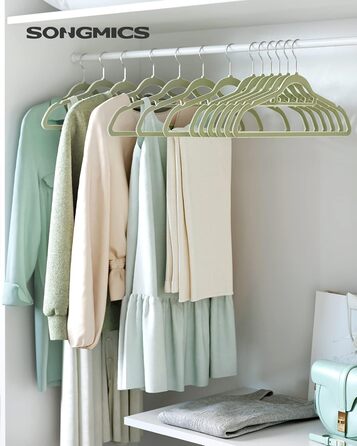 Плечики SONGMICS для одягу, велюрові, 20 шт., антиковзаючі, для краваток, 360° обертання, 0,6 см, економія місця, 43,5 см, для пальто, штанів, срібно-світло-зелені