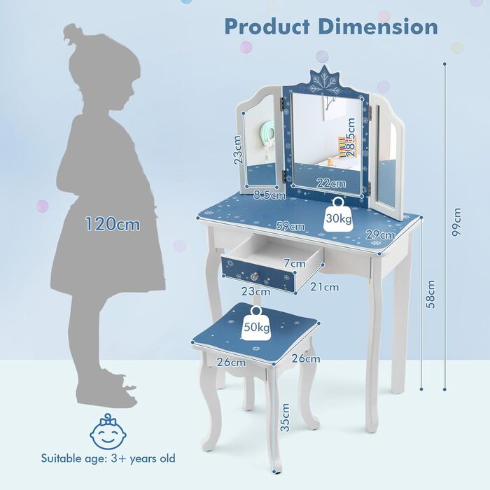 Дитячий туалетний столик GOPLUS з дзеркалом, шухлядою та табуретом, знімною стільницею, синіми сніжинками
