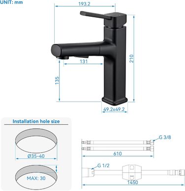 Чорний змішувач для ванної кімнати з висувною лійкою, однорегуляторний, для холодної та гарячої води