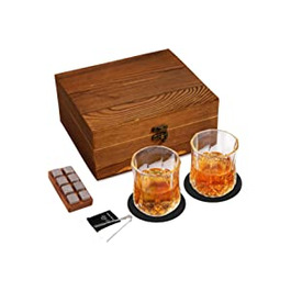 Подарунковий набір з каменів для віскі та скла, 2 склянки для віскі KAQ, 8 каменів для віскі з підносом з твердої деревини в дерев'яній подарунковій коробці