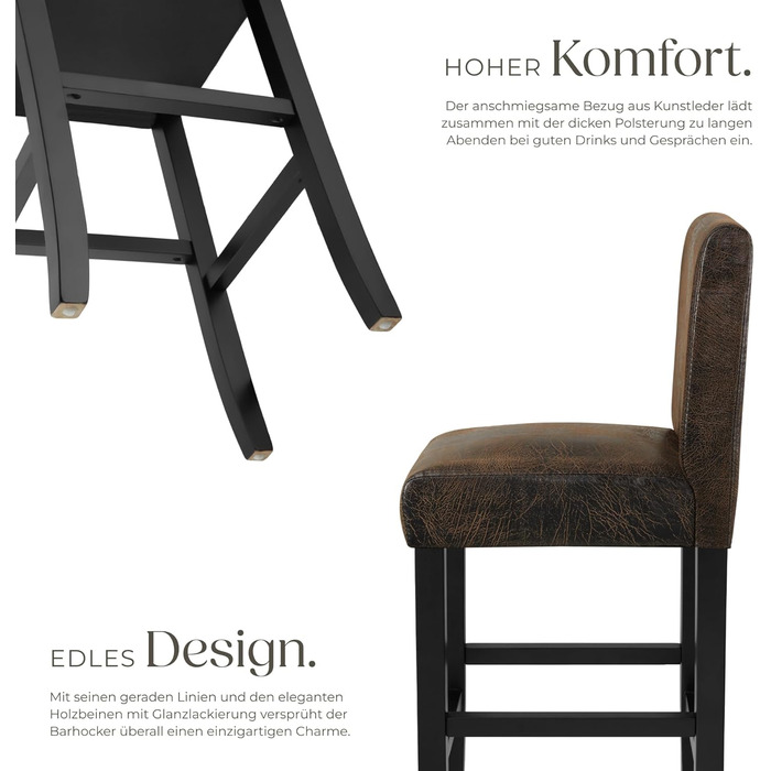 Набір з 2 барних стільців tectake® з підлокітником, античний коричневий, з масиву дерева та штучної шкіри, 107 см