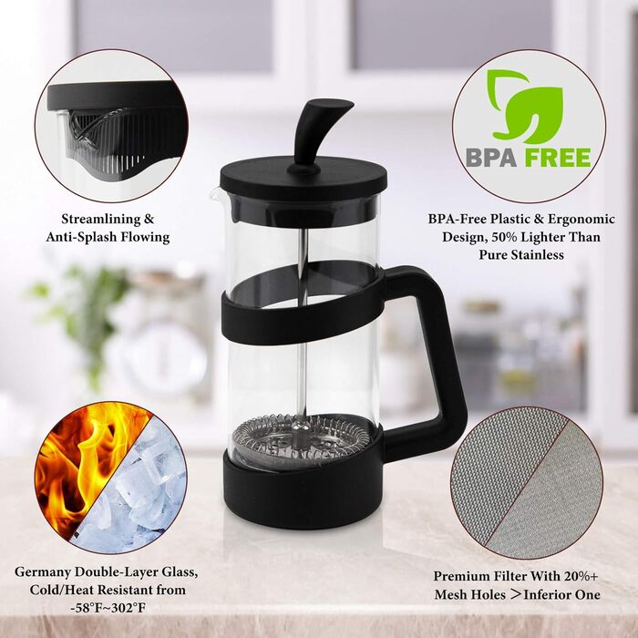 RAINBEAN Френч-прес для приготування кави, 3/6 чашок, 1000 мл (34 oz), з нержавіючої сталі та боросилікатного скла