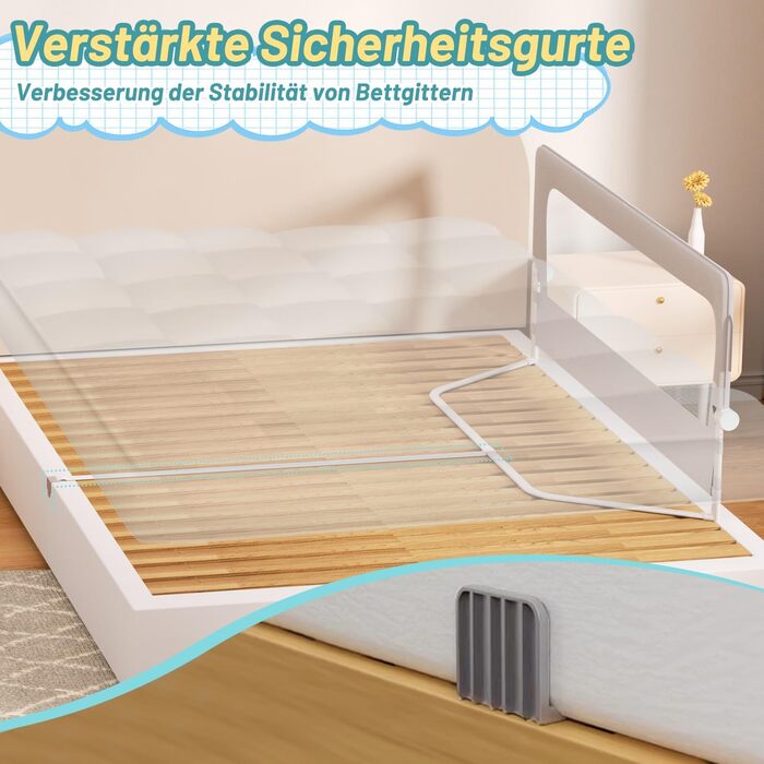 Бортик для ліжка дитячого 200 см, сірий, складаний на 180 градусів, регульована висота 72-86 см, з ременями кріплення