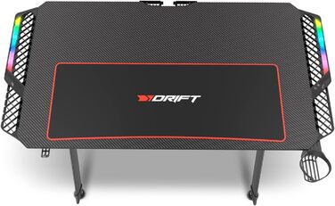 Ігровий стіл DRIFT GAMING з карбоновою поверхнею, RGB підсвічуванням, підстаканниками та тримачем для навушників, чорний (DRDZ150RGB)