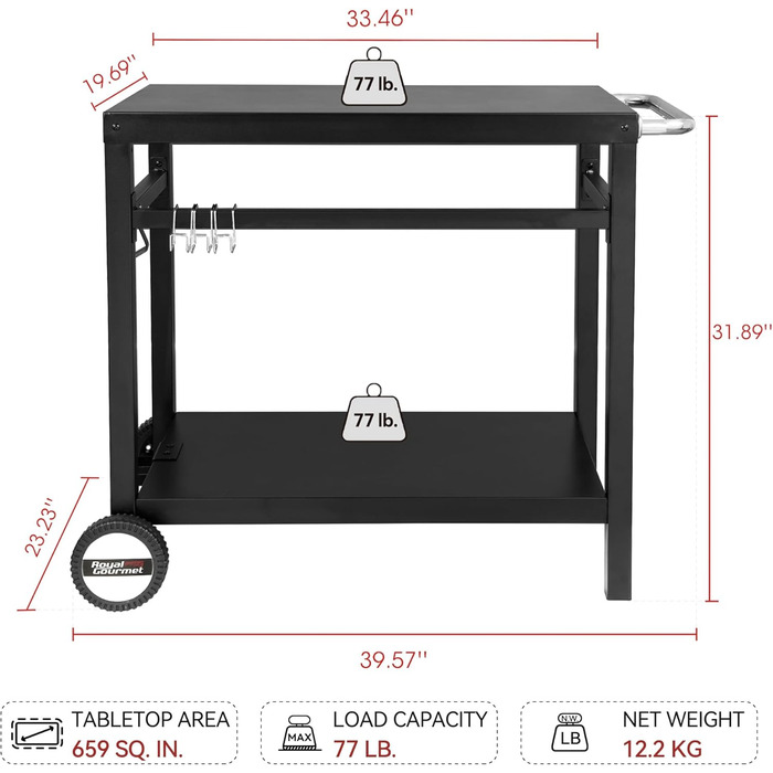 Royal Gourmet Grillwagen: Робочий стіл-гриль для барбекю на вулиці, 85x50 см, чорний