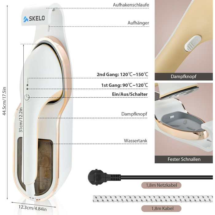 Відпарювач, парова праска SKELO 2 в 1, відпарювач для одягу con 330 мл, 1500 Вт, праска зі швидким нагріванням 20S, парова праска Парова праска ручна праска з 2 режимами відпарювання