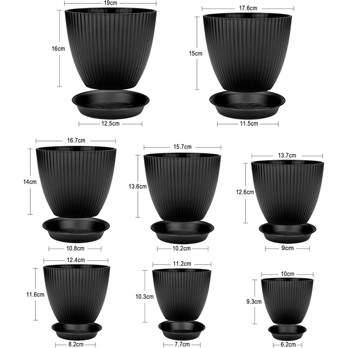 Набір горщиків для квітів з пластику, 8 шт. з отворами, круглі підставки, горщики для кактусів та трав, набір для офісу, балкону, саду, сукулентів, чорний