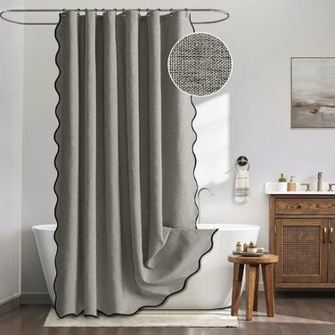 Шторка для душу MIULEE 120x200 см, льонова текстура, з чорною окантовкою, готельний стиль, водонепроникна, антигрибкова, тканинна, з 8-ма кільцями, сіра