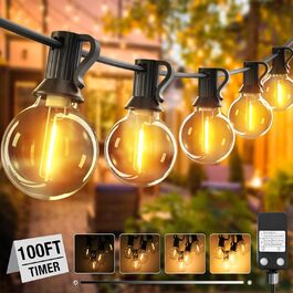 LED гірлянда світлодіодна зовнішня, димування, таймер, 15м, декоративні лампочки G40, тепле біле світло, пластик, вологостійка для саду, балкону, вечірки, павільйону, тераси