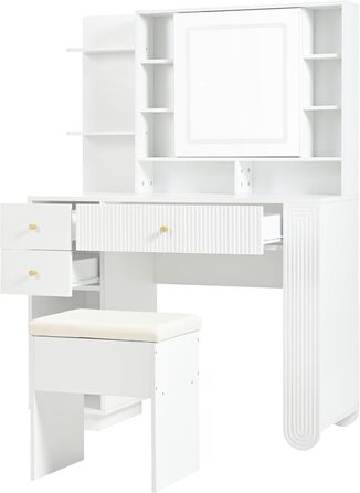 Туалетний столик Merax з дзеркалом та LED-підсвічуванням, з поличкою, 6 шухляд та золотими ручками, білий, 102x100x41.5 см (без табуретки)