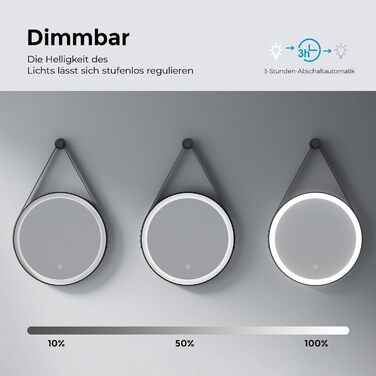 Круглий дзеркало для ванної кімнати з підсвічуванням 60см, LED дзеркало з регулюванням яскравості, сенсорне керування, чорна рама, знімна стрічка, 6500K (холодне світло)