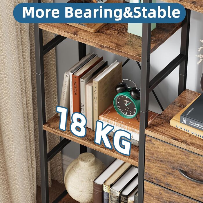 Стильна полиця-стеллаж з 4 висувними ящиками з тканини, 100W x 142Hcm, для книг, кухні, вітальні, офісу, балкону, в індустріальному стилі (4 яруси, 120cm, рустикальне дерево)