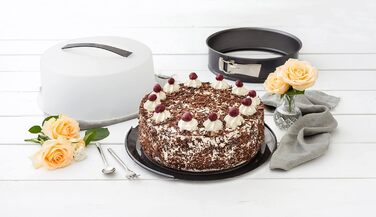 Пружинна форма Zenker 7020 з транспортною витяжкою Ø DELUXE, форма для випічки з емальованим плоским дном і витяжкою для перенесення, кругла форма для вологого торта (чорний металік), кількість (28 см, в комплекті з ножем для торта, 29 см)