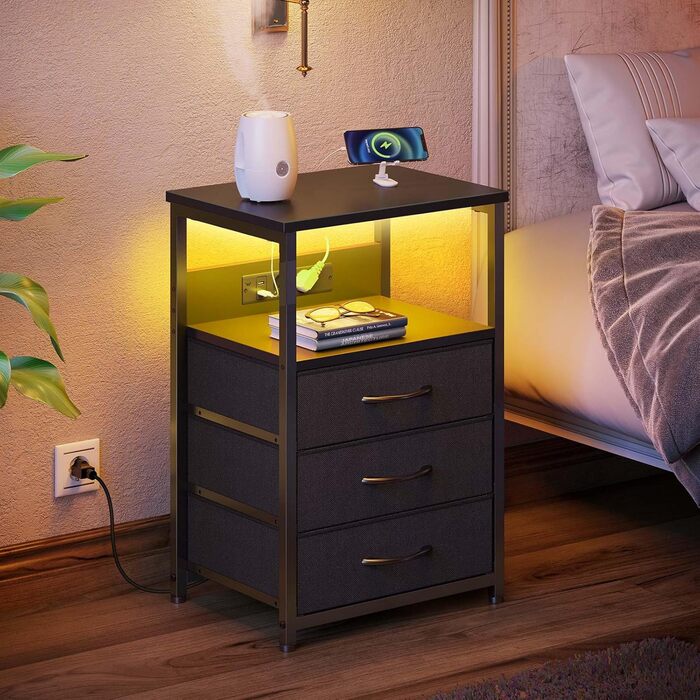 Журнальний столик Rolanstar з LED-підсвіткою та USB-портами, 2 шт. з 3 висувними ящиками, для вітальні та спальні, 40 x 30 x 60 см, чорний