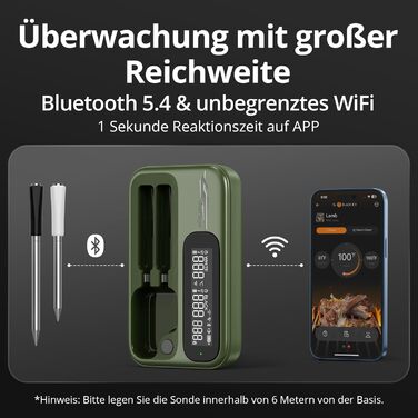 Бездротовий термометр для м'яса з 2 зондами, Bluetooth 5.4, Wi-Fi, LED-дисплей, для приготування BBQ та кулінарії