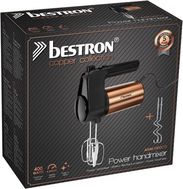 Ручний міксер Bestron AHM1000CO Power, електричний ручний міксер з 2 віночками та 2 гаками для тіста, 6 рівнів, 400 Вт, чорний/мідний, пластиковий одинарний