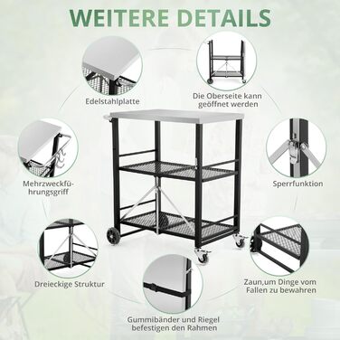 Гриль-візок LUE BONA: складаний, з 2 полицями, з нержавіючої сталі, чорний. Для дачі, кемпінгу, відпочинку на природі.