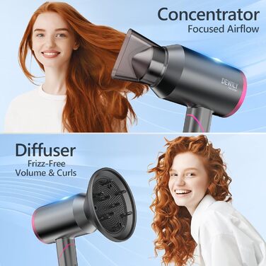 Фен для волосся Ion Foldable Hair Faner Hair Фен - DEWILY Професійний фен Дорожній фен Складний маленький, фен Безшумний з 1 насадкою для укладання, 3 режимами нагріву, сильний дорожній фен для сім'ї (сірий/рожевий 2 насадки)