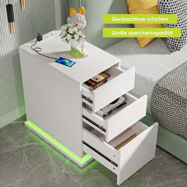 Вузька приліжкова тумба Lvhecforhm з LED підсвіткою, біла, з розеткою і USB, 16 режимів підсвічування, 50x30x63 см, для спальні та вітальні, глянцева