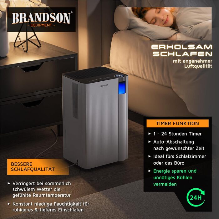 Електричний осушувач повітря Brandson з компресором, 12 літрів, Wi-Fi, з таймером, функцією відтавання, білий