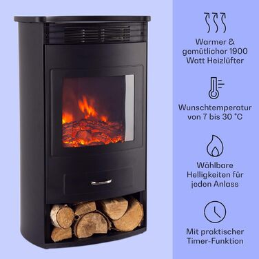 Електрокамін Klarstein Bormio Smart, 1900 Вт, з LED-полум'ям, термостатом, таймером і дистанційним керуванням, чорний – електрообігрівач для вітальні