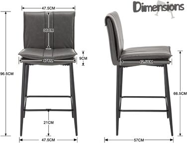 Набір з 2 барних стільців Chairus з PU шкірою, без підлокітників, для кухні, вітальні, острівця (зелений, сірий)