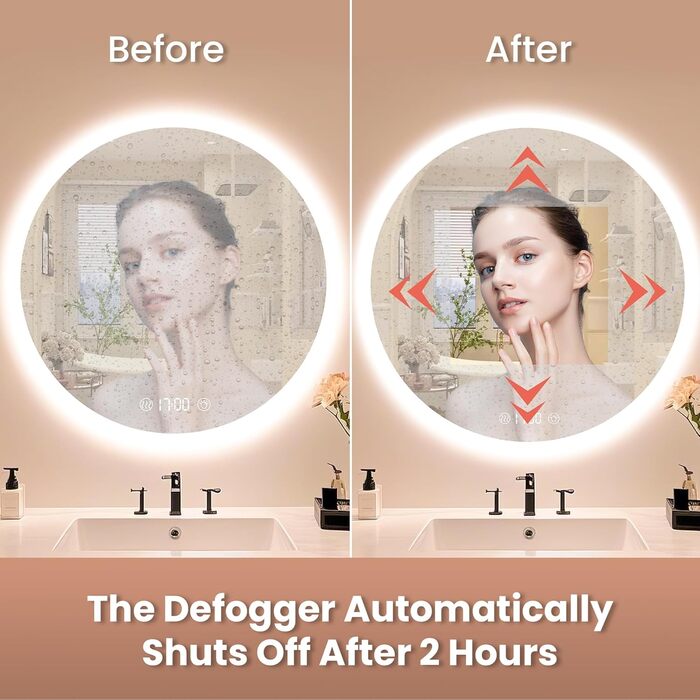 Дзеркало для ванної кімнати Habison з підсвічуванням 70x70 см, LED, з годинником та сенсорним вимикачем, регулювання яскравості, тепле/холодне/нейтральне світло, антизапотівання, 3-кратне збільшення